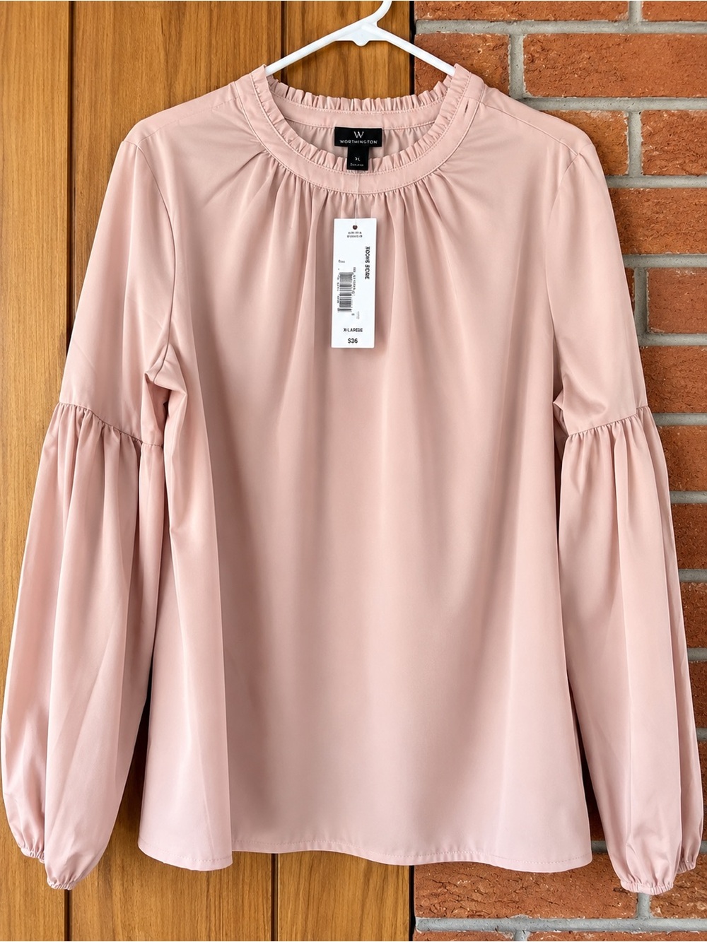 Worthington Blush Ruffle-Neck Balloon-Sleeve Blouse